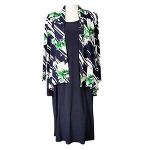 ELLEN WEAVER Navy Blue White & Green Floral Dress - Women's 2X